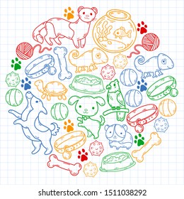 Hand drawn doodle Pets stuff and supply icons set. Vector illustration. Vet symbol collection. Cartoon dogs and cats care elements: kennel, leash, food, paw, bowl, bone and other goods for pet shop