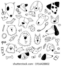 Doodle dibujado a mano Las mascotas y los íconos de suministro conjunto. Ilustración vectorial. Colección de símbolos Vet. Elementos de cuidado de perros caricaturistas: perrera, correa, comida, garra, tazón, hueso y otros productos para la tienda de mascotas.