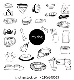 Hand drawn doodle Pets stuff and supply icon set. Vector illustration.  Cartoon dog care elements: leash, food, paw, bowl, bone and other goods for pet shop