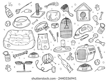 Hand drawn doodle Pets stuff and supply icons set. Vector illustration. Vet symbol collection. Cartoon dogs and cats care elements: kennel, leash, food, paw, bowl, bone and other goods for pet shop