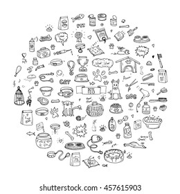 Hand Drawn Doodle Pets Stuff And Supply Icons Set. Vector Illustration. Vet Symbol Collection. Cartoon Dogs And Cats Care Elements: Kennel, Leash, Food, Paw, Bowl, Bone And Other Goods For Pet Shop