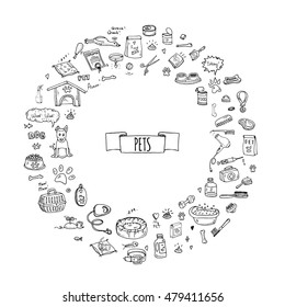 Hand drawn doodle Pets stuff and supply icons set. Vector illustration. Vet symbol collection. Cartoon dogs and cats care elements: kennel, leash, food, paw, bowl, bone and other goods for pet shop