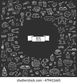 Hand drawn doodle Pets stuff and supply icons set. Vector illustration. Vet symbol collection. Cartoon dogs and cats care elements: kennel, leash, food, paw, bowl, bone and other goods for pet shop
