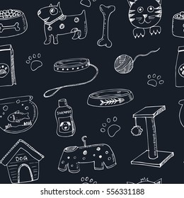 Hand drawn doodle Pets stuff and supply icons seamless pattern. Vector illustration. Vet symbol collection. Cartoon dogs cats care elements: kennel, leash, food, paw, bowl, bone, goods for pet shop