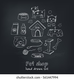 Hand drawn doodle Pets stuff and supply icons set. Vector illustration. Vet symbol collection. Cartoon dogs and cats care elements: leash, food, paw, bowl, bone and other goods for pet shop