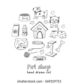 Hand drawn doodle Pets stuff and supply icons set. Vector illustration. Vet symbol collection. Cartoon dogs and cats care elements: leash, food, paw, bowl, bone and other goods for pet shop