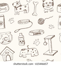 Hand drawn doodle Pets stuff and supply seamless pattern. Vector illustration. Vet symbol collection. Cartoon dogs and cats care elements: leash, food, paw, bowl, bone and other goods for pet shop