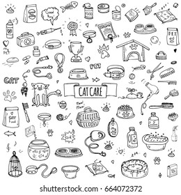 Hand drawn doodle Pets stuff and supply icons set. Vector illustration. Vet symbol collection. Cartoon cat care elements: kennel, leash, food, paw, bowl, bone and other goods for pet shop, hotel