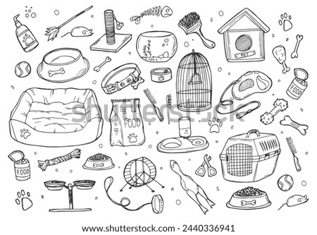 Hand drawn doodle Pets stuff and supply icons set. Vector illustration. Vet symbol collection. Cartoon dogs and cats care elements: kennel, leash, food, paw, bowl, bone and other goods for pet shop
