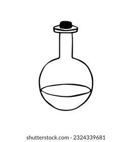 Folleto farmacéutico con doodle dibujado a mano, tubo de ensayo, objeto químico de laboratorio, símbolo químico. Aislado sobre fondo blanco. 