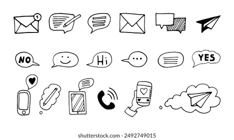 Hand drawn doodle phone, message, chat bubble. Social media communication icons