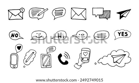 Hand drawn doodle phone, message, chat bubble. Social media communication icons