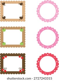 Hand drawn doodle photo frames with cherry, apple and heart patterns, round and rectangular decorative borders