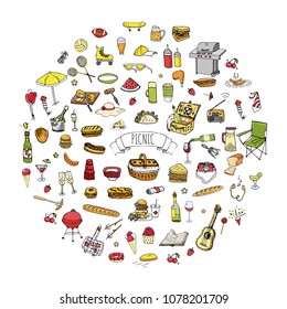 Hand drawn doodle Picnic icons set Vector illustration barbecue sketchy symbols collection Cartoon bbq concept elements Summer picnic Umbrella Guitar Food basket Drinks Wine Sandwich Sport activities