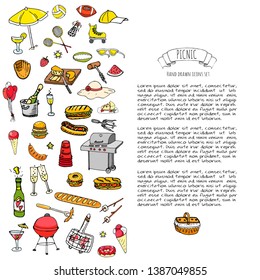 Hand drawn doodle Picnic icons set Vector illustration barbecue sketchy symbols collection Cartoon bbq concept elements Summer picnic Umbrella Guitar Food basket Drinks Wine Sandwich Sport activities