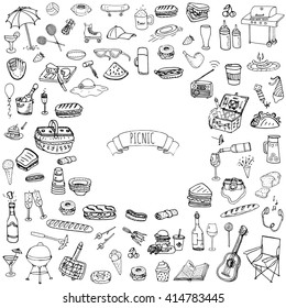 Hand Drawn Doodle Picnic Icons Set. Vector Illustration Barbecue Sketchy Symbols Collection Cartoon Bbq Concept Elements Summer Umbrella Guitar Food Basket Drinks Wine Sandwich Sport Activities Fruits