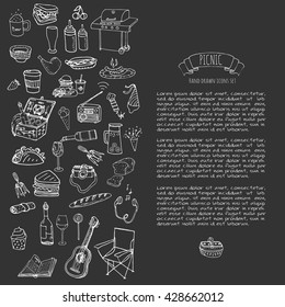 Hand drawn doodle Picnic icons set. Vector illustration barbecue sketchy symbols collection Cartoon bbq concept elements Summer Umbrella Guitar Food basket Drinks Wine Sandwich Sport activities Fruits