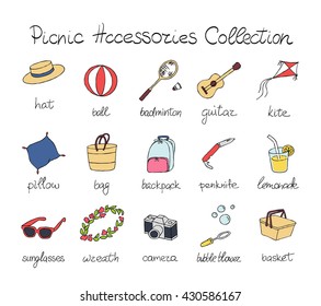 Hand Drawn Doodle Picnic Icons Set. Vector Illustration Sketchy Symbols Collection. Cartoon Summer Elements with Captions. Outdoor Vacation Accessories