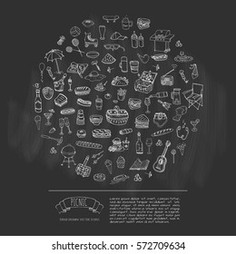 Hand drawn doodle Picnic icons set Vector illustration barbecue sketchy symbols collection Cartoon bbq concept elements Summer picnic Umbrella Guitar Food basket Drinks Wine Sandwich Sport activities