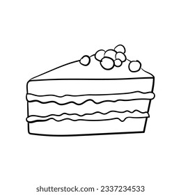 Hand drawn doodle piece of cake. Hand drawn doodle icon sweet dessert. Vector illustration for a pastry shop, isolated logo on a white background.