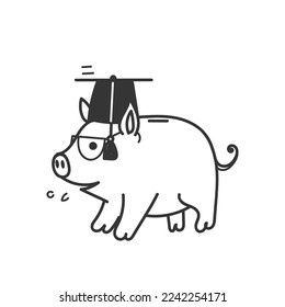 hand drawn doodle Piggy in Graduation Gown and hat illustration vector