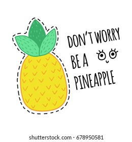 Hand drawn doodle pineapple illustration card, print, on white background