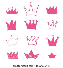 Hand drawn doodle pink crown illustration set