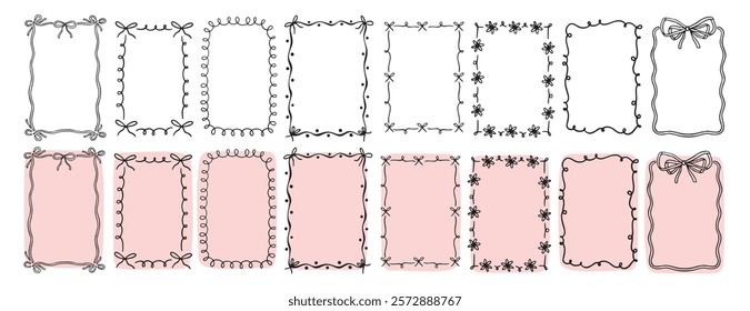 hand drawn doodle pink cute borders for wedding invitation with bows, quirky trendy whimsical frames for girl birthday, wavy borders. Empty cute line frames. Vector illustration