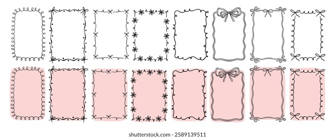 hand drawn doodle pink cute borders for wedding invitation with bows, quirky trendy whimsical frames for girl birthday, wavy borders. Empty cute line frames. Vector illustration