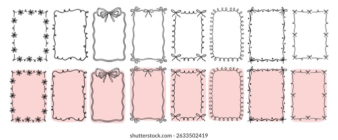 hand drawn doodle pink cute borders for wedding invitation with bows, quirky trendy whimsical frames for girl birthday, wavy borders. Empty cute line frames. Vector illustration