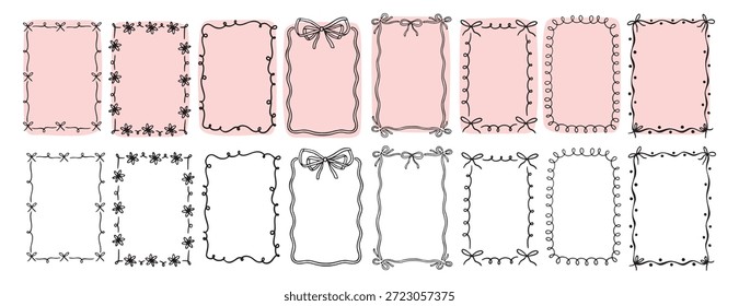 handgezeichnete doodle rosa niedlichen Grenzen für Hochzeit Einladung mit Bögen, schrullig trendige skurrile Rahmen für Mädchen Geburtstag, wellige Grenzen. Leere süße Zeilenrahmen. Vektorgrafik