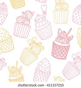 Hand drawn doodle pink and yellow cupcakes on a white background. Vector seamless pattern