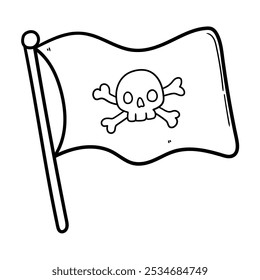 Bandeira pirata desenhada à mão isolada sobre fundo branco. Ilustração vetorial.