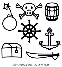 Conjunto de piratas de doodle dibujado a mano