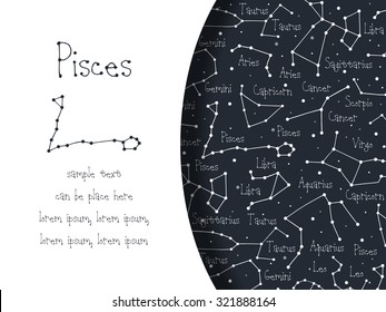 Hand drawn doodle Pisces astrological sign card, brochure, booklet, cover. Astrological horoscope background