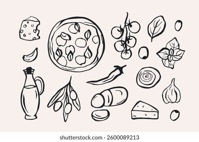 Hand drawn doodle pizza ingredients illustration