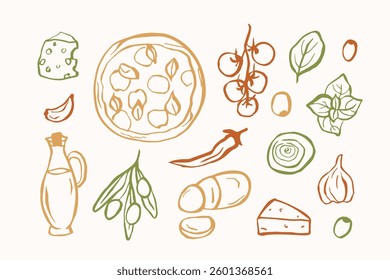 Hand drawn doodle pizza ingredients illustration