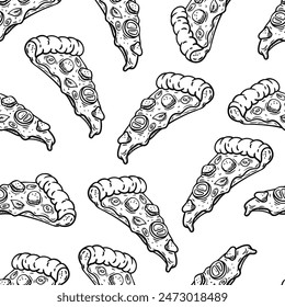 Hand Drawn Doodle Pizza Seamless Pattern. Line Art Pizza Repeat Pattern Background