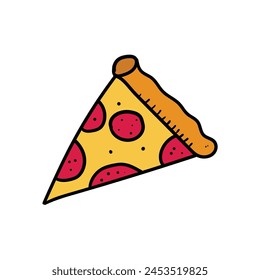 Hand drawn doodle pizza slice isolated on white background. Vector illustration.