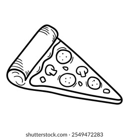 Hand drawn doodle pizza slice isolated on white background. Vector illustration.