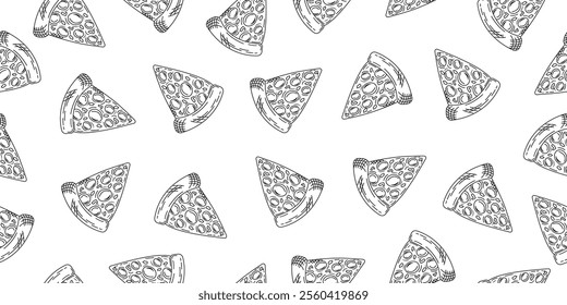 Hand drawn doodle pizza slice seamless pattern background. Black and white pizza slice sketch motif. Vector illustration