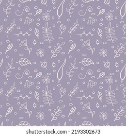 Hand drawn doodle plant pattern on a lilac background. Includes oval and oblong leaves, flowers, as well as berries, similar to rowan and wild rose