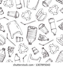 Hand drawn doodle plastic pollution seamless pattern. Vector illustration sketchy symbols collection. Bag, Bottle, Package, Contamination, disposable dish, straw. Plastic products recycling