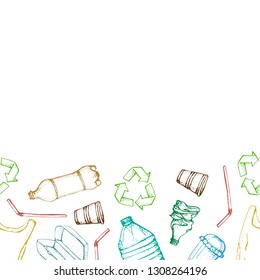 Hand drawn doodle plastic pollution seamless pattern. Vector illustration sketchy symbols collection. Bag, Bottle, Package, Contamination, disposable dish, straw. Plastic products recycling