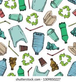 Hand drawn doodle plastic pollution seamless pattern. Vector illustration sketchy symbols collection. Bag, Bottle, Package, Contamination, disposable dish, straw. Plastic products recycling