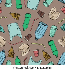 Hand drawn doodle plastic pollution seamless pattern. Vector illustration sketchy symbols collection. Bag, Bottle, Package, Contamination, disposable dish, straw. Plastic products recycling