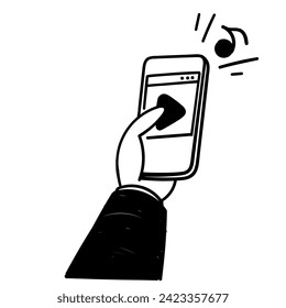 hand drawn doodle play music or video button on mobile phone