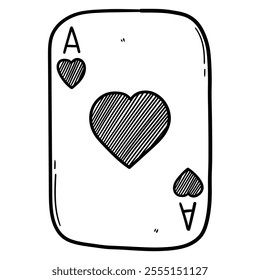 Hand drawn doodle playing card ace of hearts isolated on white background. Vector illustration.