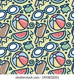 Doodle dibujado a mano que juega el verano en la playa con iconos y elementos de diseño