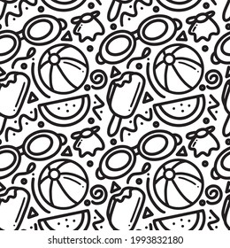 Hand drawn doodle playing summer on the beach with icons and design elements